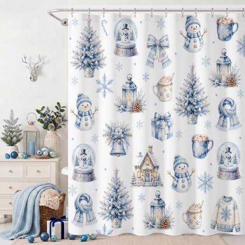 Lindameler Blue Christmas Shower Curtain 72x72 inches - Snowman Snowflakes 100% Polyester