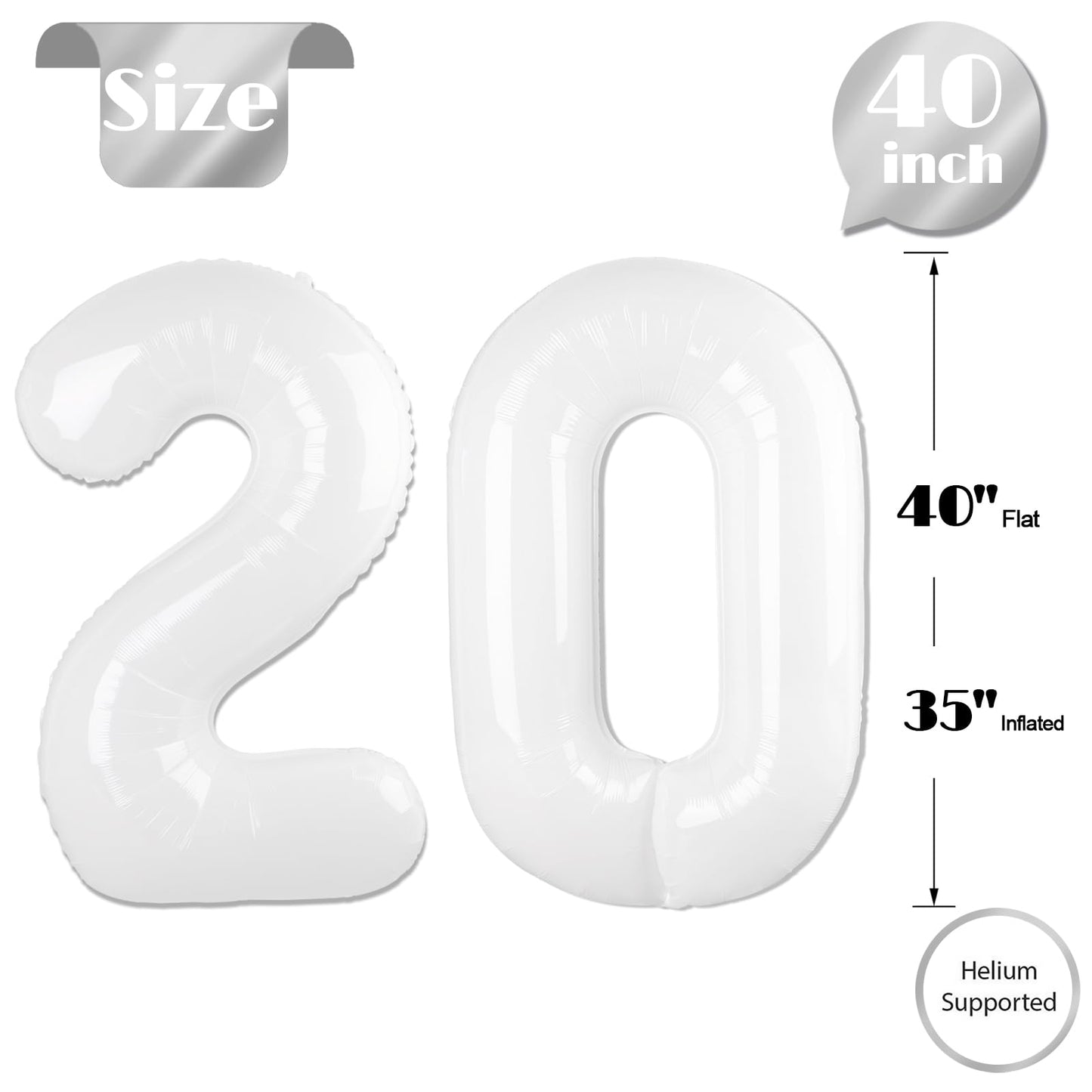 White Number 20 Balloon 40 inch, 20 Number Balloons, 20th White Birthday Decorations for Girls Boys 20 Year Old Party Supplies