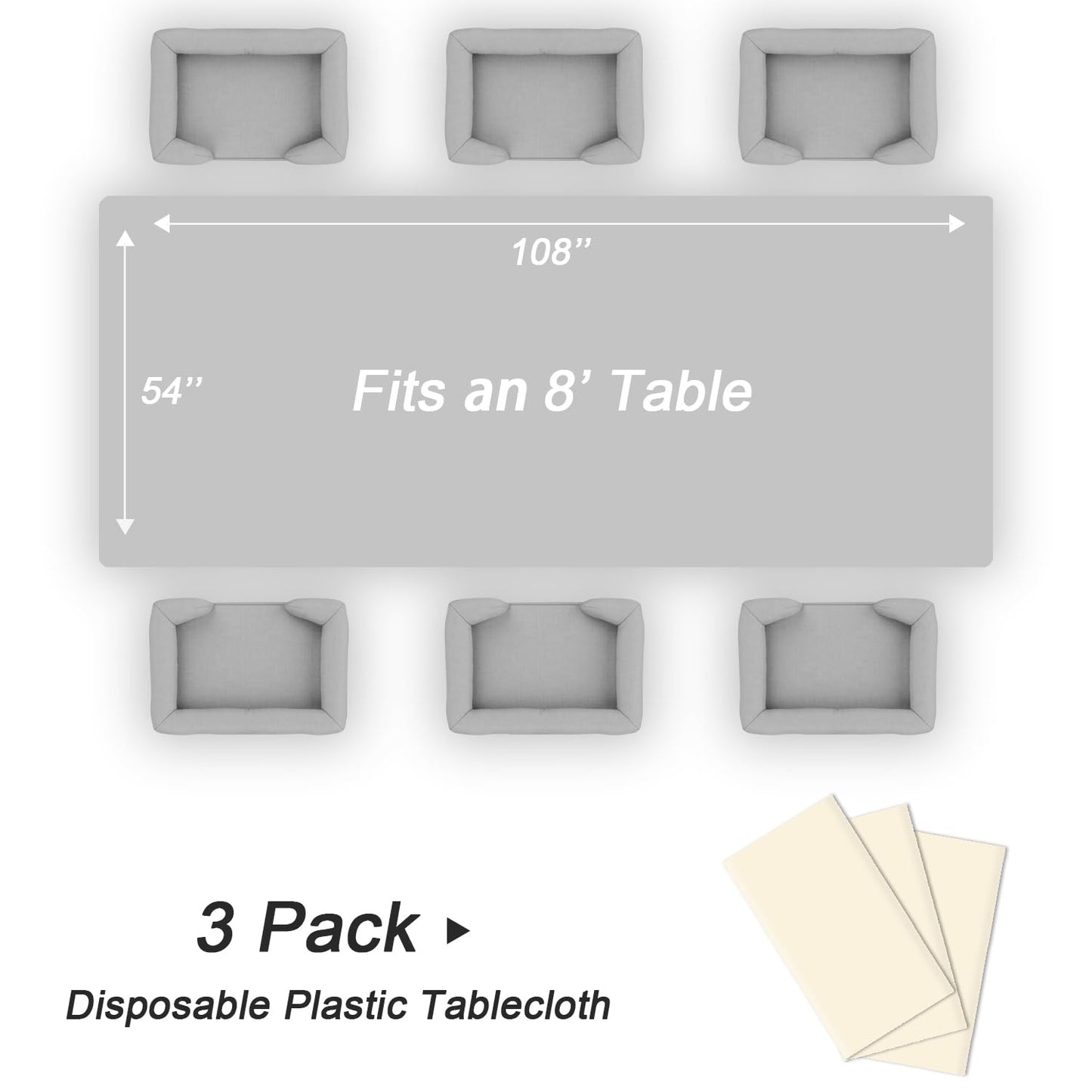 QIKSION Ivory Plastic Table Cloth Disposable 3 Pack, 54 x 108 Inch Beige Tablecloths for Party, Baby Shower, Harvest, Fall, Thanksgiving Decorations, Cream Rectangle Table Cover