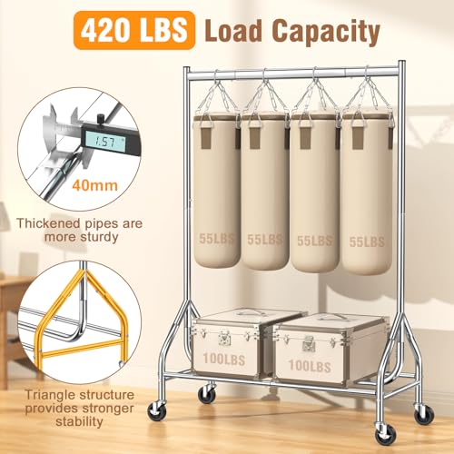 Heavy Duty Rolling Clothes Rack - Silver, 420 LBS Load Capacity, Portable Garment Stand with Lockable Wheels, 63" x 18.9" x 43.3"