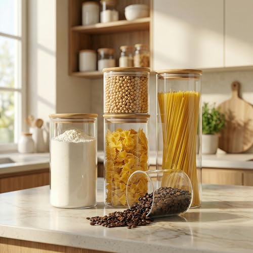 Round Glass Storage Containers with Bamboo Lids for Pasta & Flour, 5