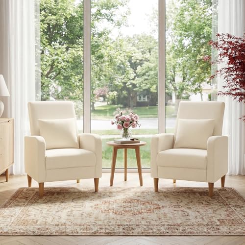 Set of 2 Mid-Century Modern Accent Armchairs with Fabric Upholstery and Wooden Legs