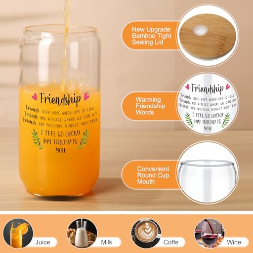 Reallnaive Friendship Glass Cups - Set of 10 with Bamboo Lids & Straws, Gift for Friends & Family