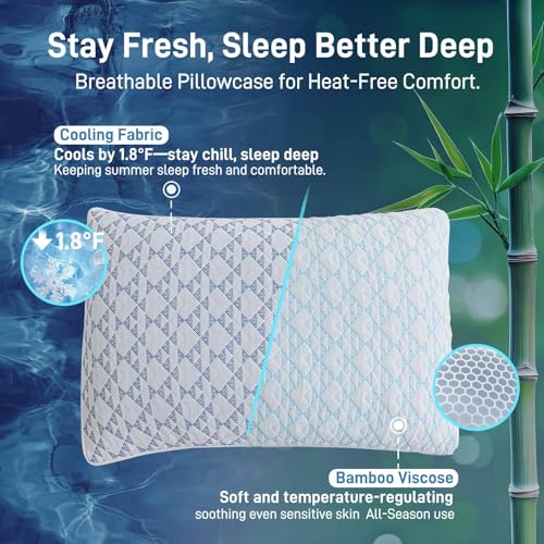 Queen Size Adjustable Shredded Memory Foam Pillow Set of 2 - Hypoallergenic Bamboo Viscose Cover