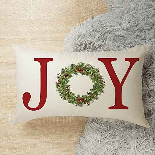 GTEXT Joy with Wreath Throw Pillow Cover Farmhouse Christmas Decor Cuhion Cover Buffalo Check Trees Pillow Cover Farm Decor 20x12 inch Outdoor Pillow Cushion,