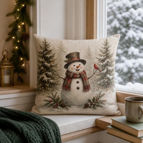 Brown Snowman Holiday Pillow Cover 18x18 for Xmas Winter Decor