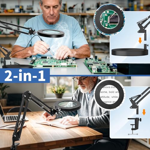 HITTI 10X Magnifying Glass with Light & Clamp, 1800 Lumens Dimmable, Black, 9.06 Inch Base & Swing Arm