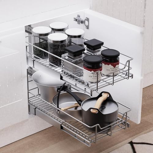 2-Tier Pull Out Cabinet Organizer - Chrome-Plated, 15" W x 22" D, Full Slide