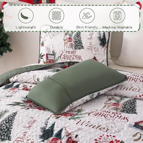 King Size Christmas Quilt Set White by Dobuyly — 110 x 90 Quilt + 2 Sham Shams, Xmas Tree Reindeer Decor