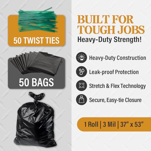 MaxiMite 55 Gallon Heavy Duty Contractor Trash Bags 3 Mil Black 37x53 - Pack of 50