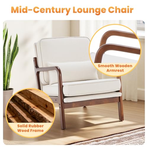 DUMOS Linen Beige Mid Century Modern Accent Chair with 16'' Seat - Cozy Lounge Seating