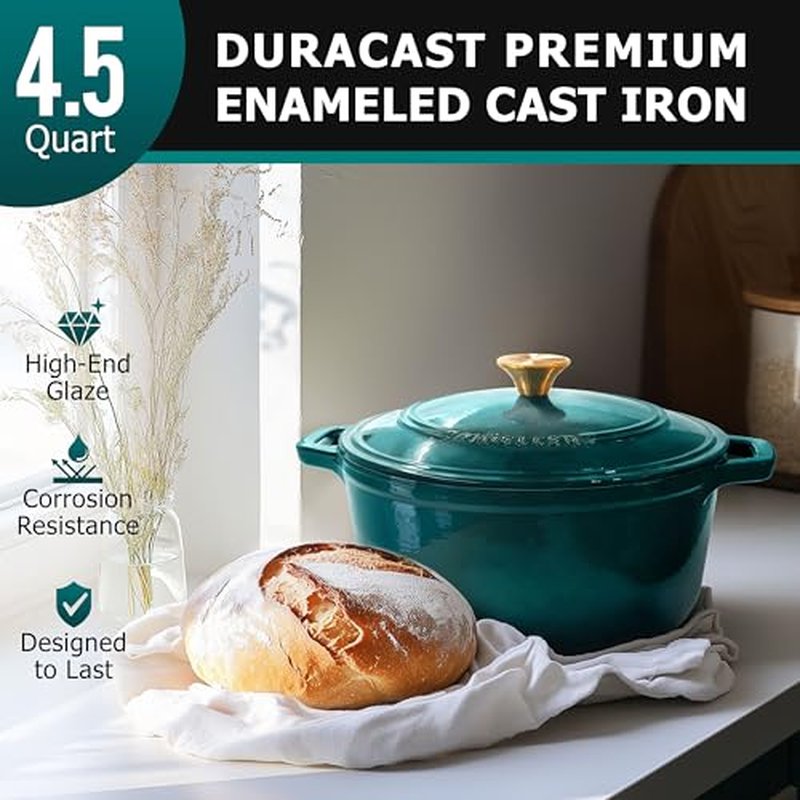 MUELLER HOME 5.5 Quart Enameled Cast Iron Oval Dutch Oven with Rooster Knob & Cotton Potholders, Heavy-Duty Cookware, Oven-Safe up to 500° F & Across All Cooktops, Gifts for Grandma & Women, White