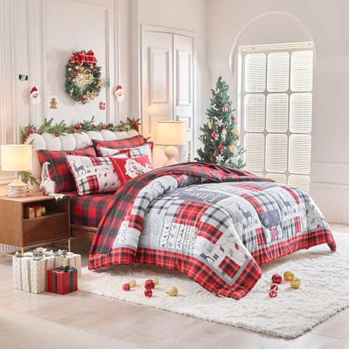Christmas 7-Piece King Comforter Set with Red Gray Plaid Deer Snowflake - Bed in a Bag