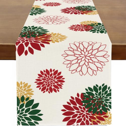 WHOMEAF Red Green Dahlia Burlap Table Runner 90 Inch – Christmas & New Year