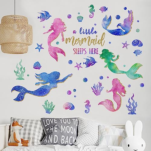 Yovkky Baby Girls Mermaid Wall Decals Stickers, Under The Sea Ocean Creatures Coastal Fish Bubble Glitter Nursery Kids Room Crib Decor, A Little Mermaid Sleeps Here Beach Home Decorations Bedroom Art