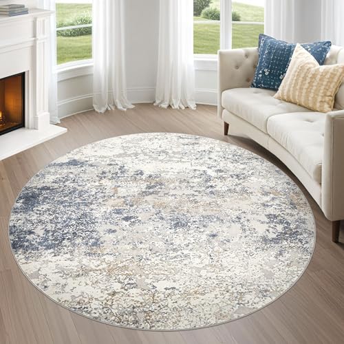 Round Area Rug 6ft Soft Washable Abstract Carpet for Living Room Beige Blue