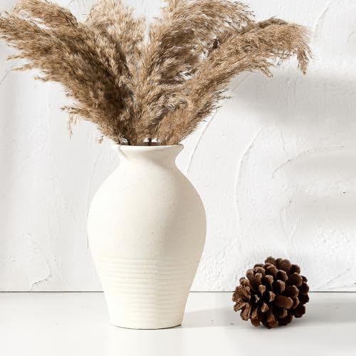 Off-White Ceramic Farmhouse Vase 9.2 Inch Rustic Whitewashed Terracotta