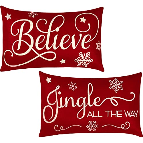 2 Pieces Christmas Pillow Covers 12 x 20 Inch Xmas Believe Throw Pillow Cases Red Cushion Cover Rectangle Xmas Linen Pillowcases for Home Bedroom Couch Sofa Christmas Decorations