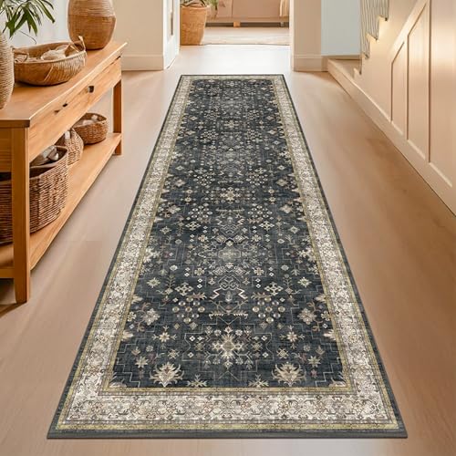 2'6 x 8' Dark Washable Hallway Runner Rug - Ashen Multi Vintage Boho Non-Slip