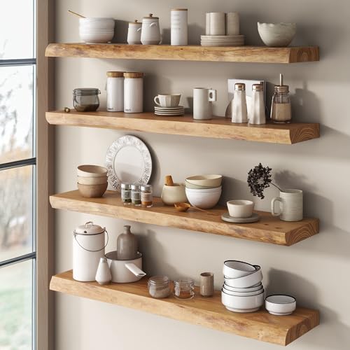 Venusmiles Natural Elm Live Edge Floating Shelves 24 Inch Heavy Duty, 2 Pack