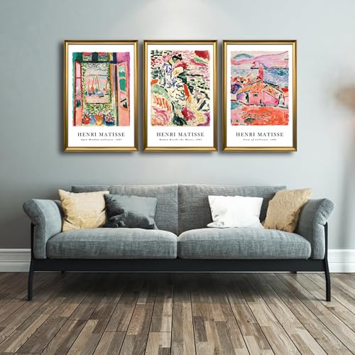 Wieco Art Framed 3-Piece Colorful Matisse Wall Art Set 16x24 inch with Bronze Gold Frames