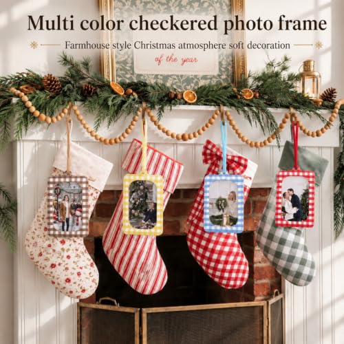 Pinkunn 12 Pcs Christmas Gingham Photo Frame Ornaments 2x3 in Multi Color - Cotton Rustic