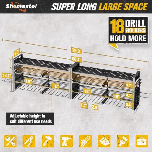 66-Inch Power Tool Organizer Wall Mount - Black, 4-Layer, Holds 18 Drills