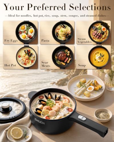 Dezin 2L Black Electric Hot Pot, Non-Stick Cooking & Sauté Pan, 700W Adjustable Power