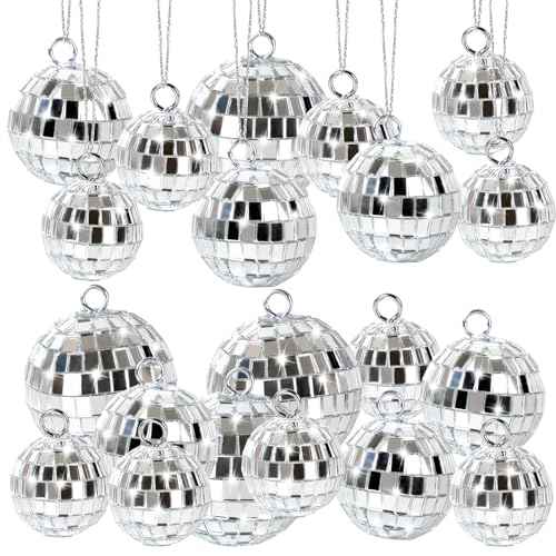 20 Pcs Mirror Disco Ball Hanging Ornaments Silver Glass Decor 70s Disco Party Decorations Ornament with Rope for Dance Birthday 70s Theme Party