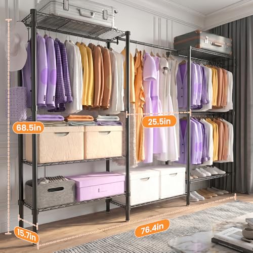 Heavy Duty Clothes Rack with 6 Rods & 6 Shelves - Portable Closet 76.4"x15.7"x68.5"