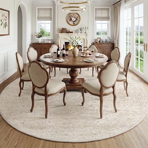 Beige Round Vintage Area Rug - 8ft Washable Neutral Floral Pattern for Living Room