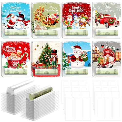 Christmas Money Holders for Cash Gift 24 Sets Vintage Santa Snowman Merry Christmas Cards Money Holder Ornaments with Plastic Cover and Double Sided Tape for Hanging Christmas Tree Xmas Holiday Gifts