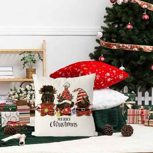 Christmas Pillow Covers 18x18 Inch African American Black Gnomes Throw Pillow Covers Christmas Xmas Winter Pillowcase Home Decor Living Room House Decorative Cushion Case for Sofa Couch