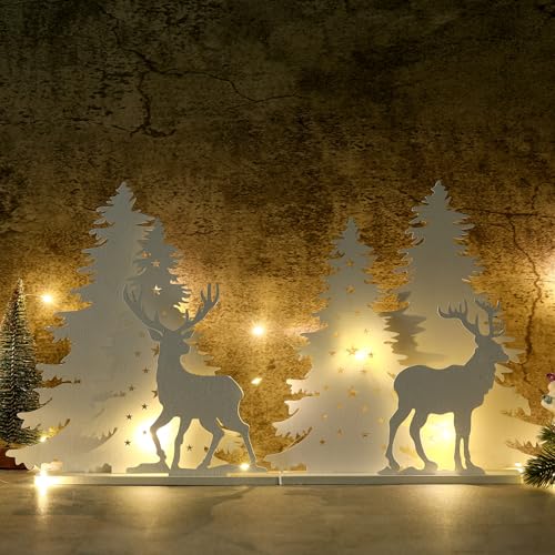 Wooden Christmas Tree and Reindeer Tabletop Decor with Lights - Rustic Holiday Home Decor