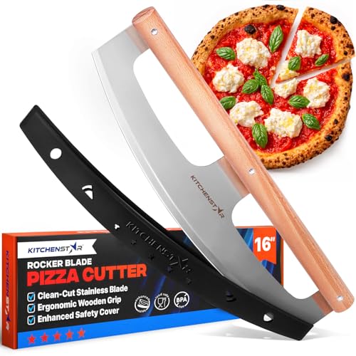 KitchenStar 16-Inch Silver Rocker Pizza Cutter with Beech Wood Handle & Protective Cover