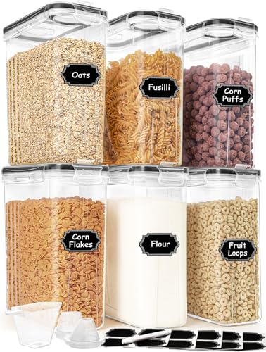 6 Pack Airtight Cereal Containers Set with Lids, Pour Spouts & Labels - 4L