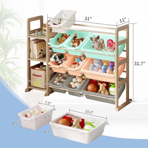 Kids Toy Storage Organizer with 3 Shelves & 12 Bins - Multi Color, Solid Pine Wood