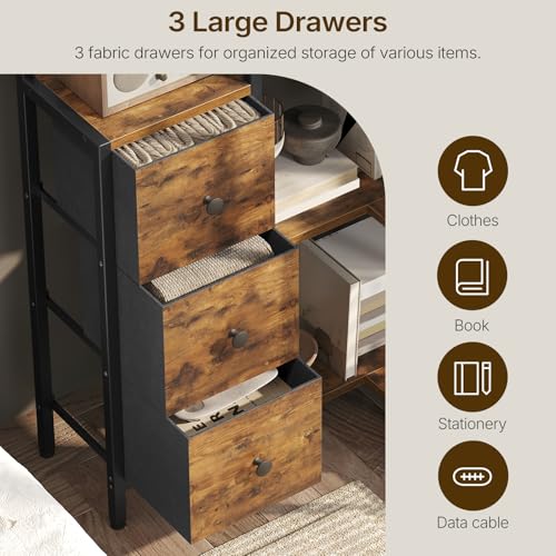 YATINEY Rustic Brown & Black 5-Tier Corner L-Shaped Bookshelf with Fabric Drawers
