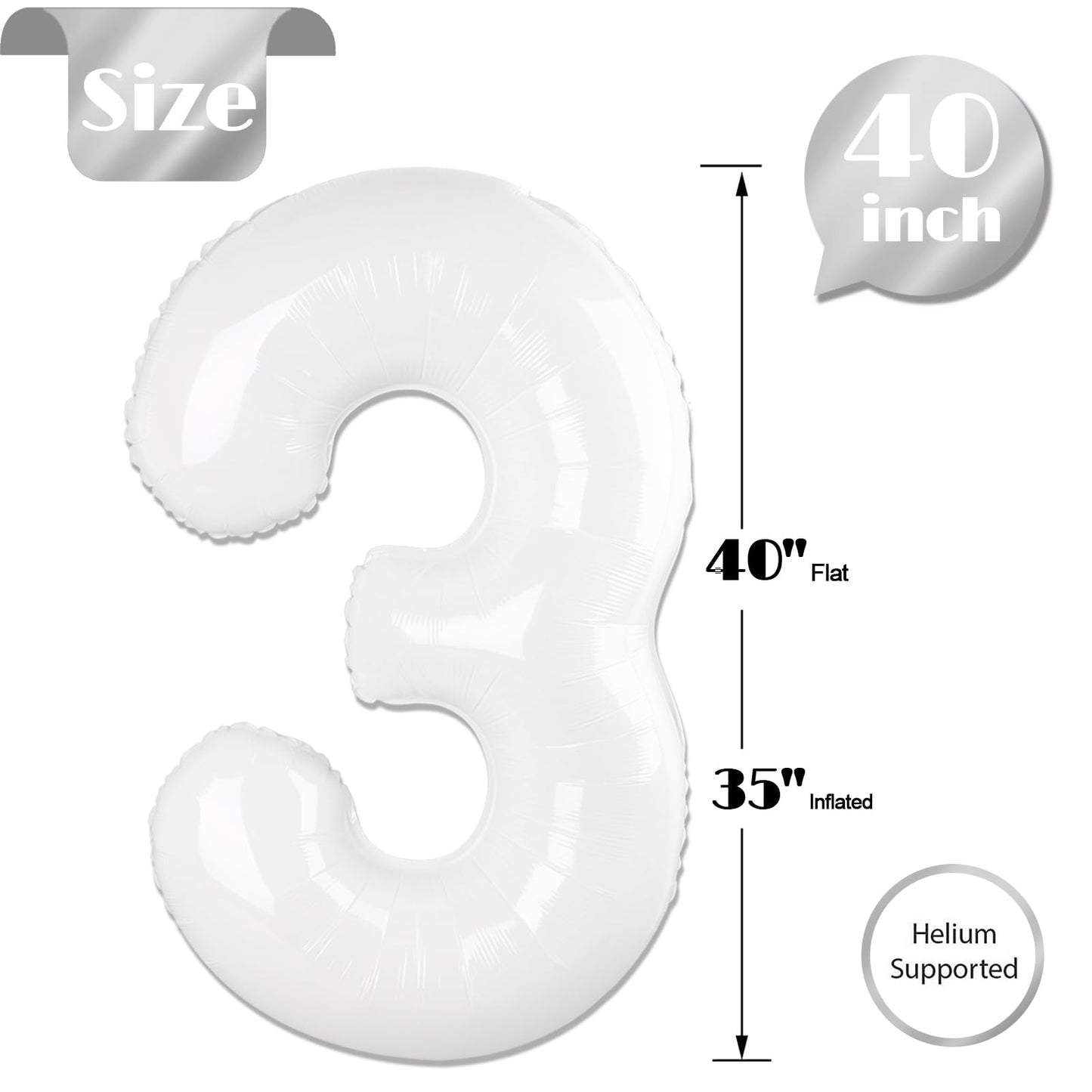 White 3 Balloon, Translucent Number Balloons 40 Inch, 3rd Birthday Decorations for Kids Girls Boys, Men Women White Party Supplies for Party Decorations, Number 3 Balloon