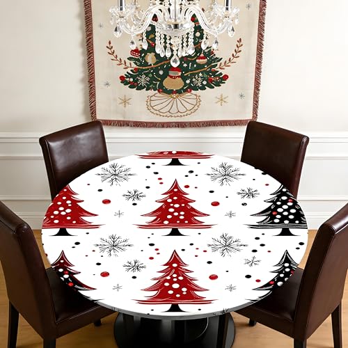 Pardick Christmas Round Fitted Tablecloth 42 Inch Trees Waterproof & Wipeable