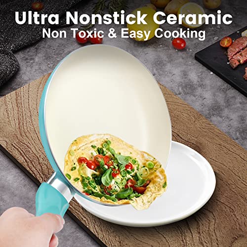Non-Stick Ceramic Pots and Pans Set 8" Skillet + 1.5QT Saucepan + 3QT Stockpot - Turquoise