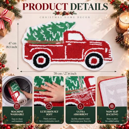 Tinideya Christmas Truck Bath Mat - Water Absorbing Flocked Shower Rug with Non-Slip Backing