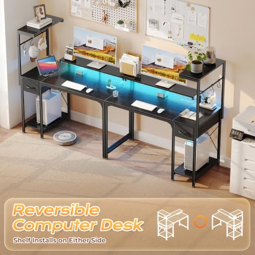 PRAISUN 39.4-Inch Gaming Desk with RGB LED Lights & Power Outlets - Black