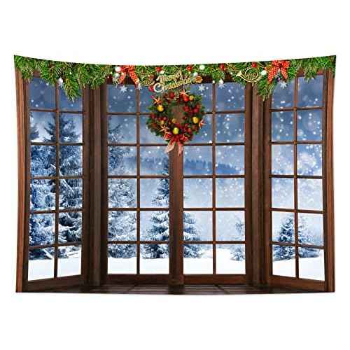HVEST Christmas Winter Tapestry Snow Forest outside Windows Tapestries Wall Hanging Red Xmas Balls and Christmas Wreath Tapestry for Bedroom Living Room Dorm Wall Decor, 60W x 40H inches