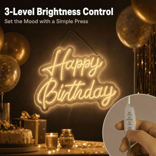 Happy Birthday Neon Sign 22x16.9in LED Dimmable Warm White - Wall Decor & Photo Prop