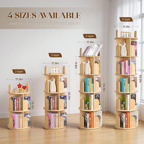 Kryonix 3 Tier Kids Rotating Bookshelf, Spinning Solid Pine Wood