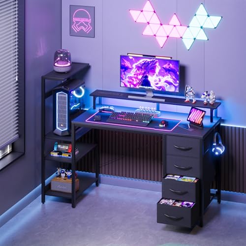 51-Inch Gaming Computer Desk with Drawers, Power Outlet & LED Lights - Black Variation