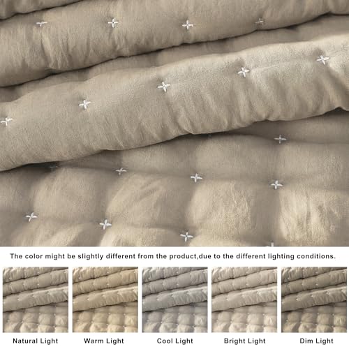 Oversized King Quilt Set - Deep Beige with White Cross Stitching, 116x106 inches, Microfiber