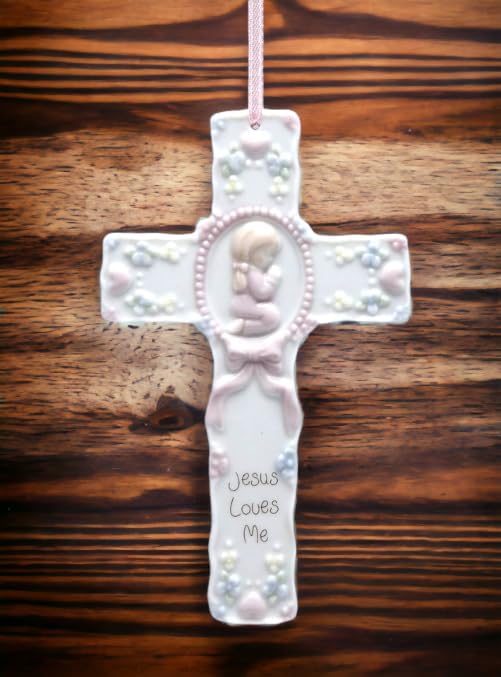 Jesus Loves Me Ceramic Christmas Ornament Cross - 5.5" Girl Decoration
