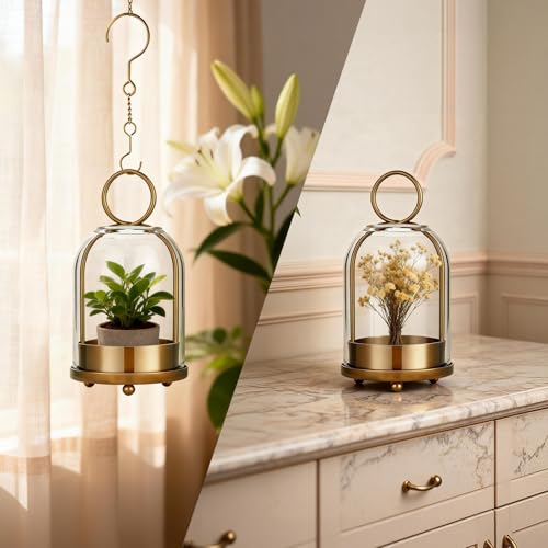 Havmorph Gold 5&4 Hurricane Glass Candle Holders, Hanging Brass Set